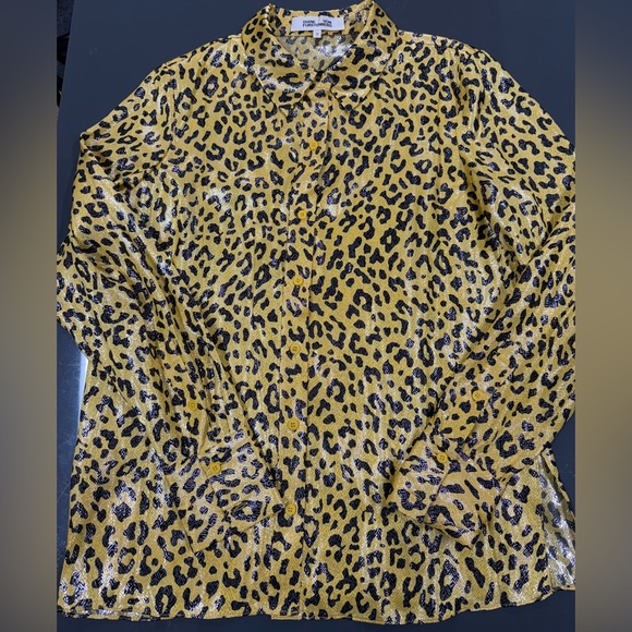 Diane Von Furstenberg Yellow Leopard Animal Print Silk Blend Metallic Blouse - Picture 1 of 5